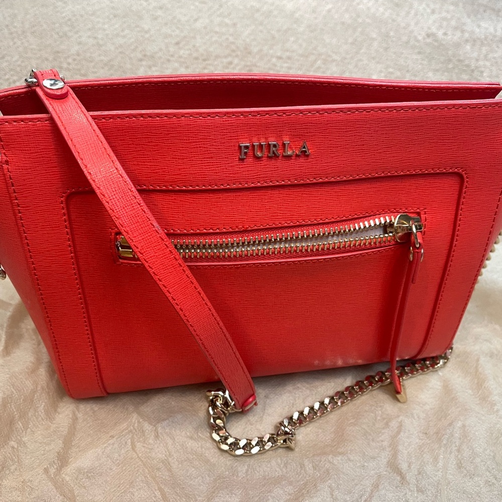 Furla Orange Red Leather Crossbody with Gold Chain